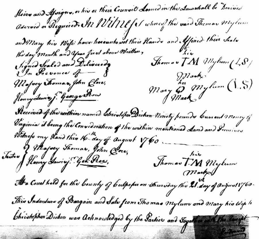 Image of Thomas Milam Deed to Dicken 17 August 1760